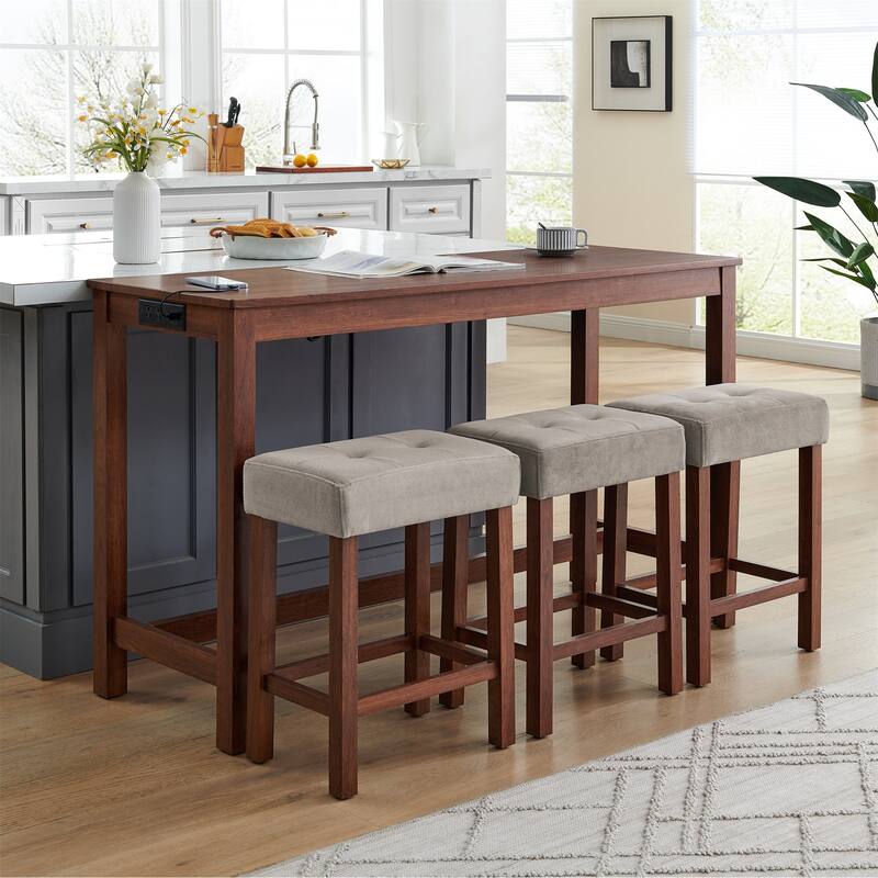59" Counter Height Bar Table Set with Power Outlet, Industrial Breakfast Table with 3 Stools, 4 Piece Bar Table and Chairs Set