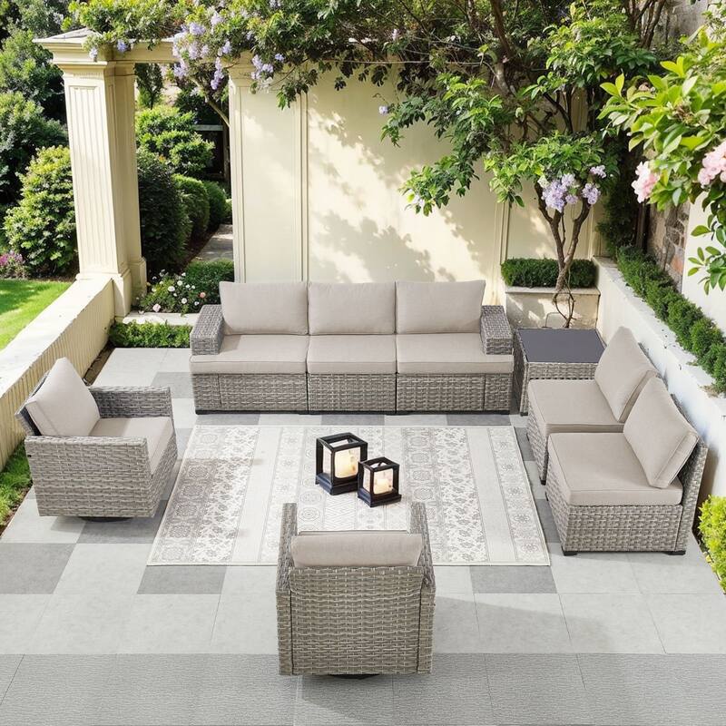 Pocassy Outdoor Sectional Sofa Patio Furniture Sets with Thickened Cushions - Beige Cushion - Sofa with Swivel Chairs Table Combination 7
