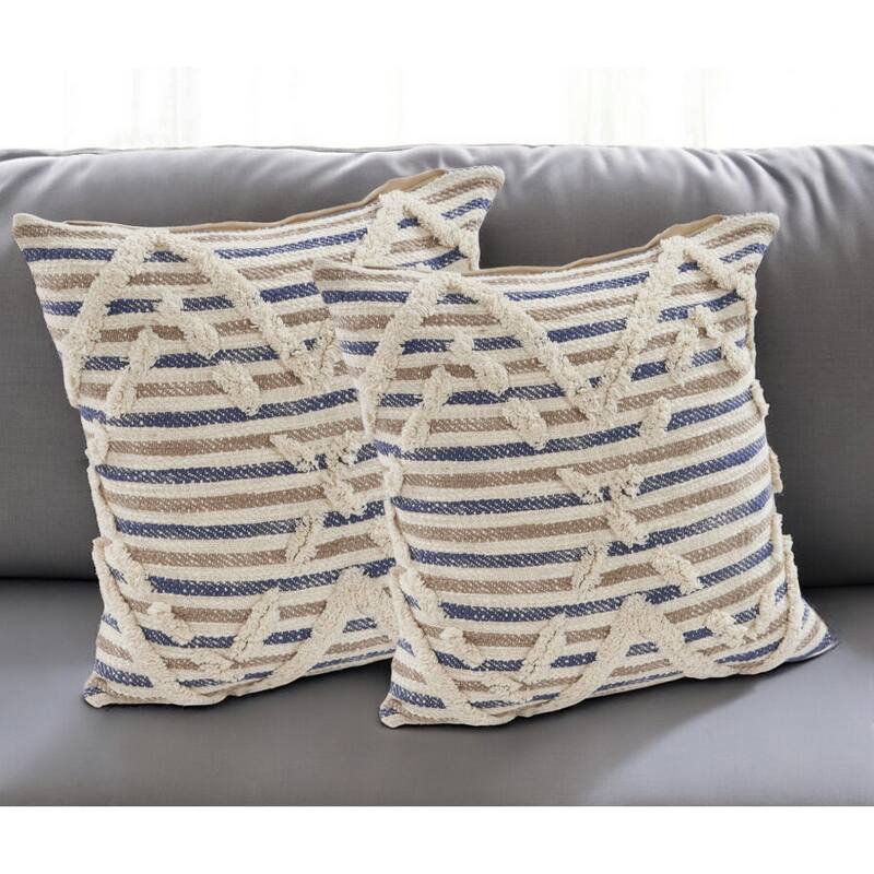 Set of Two Blue Diamond Cotton Throw Pillow With Fringe - Blue