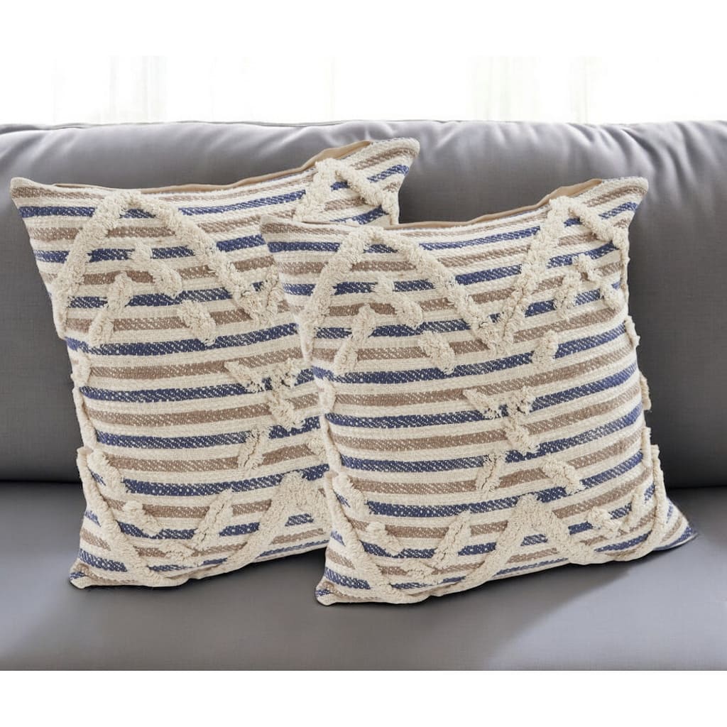 Set of Two Blue Diamond Cotton Throw Pillow With Fringe