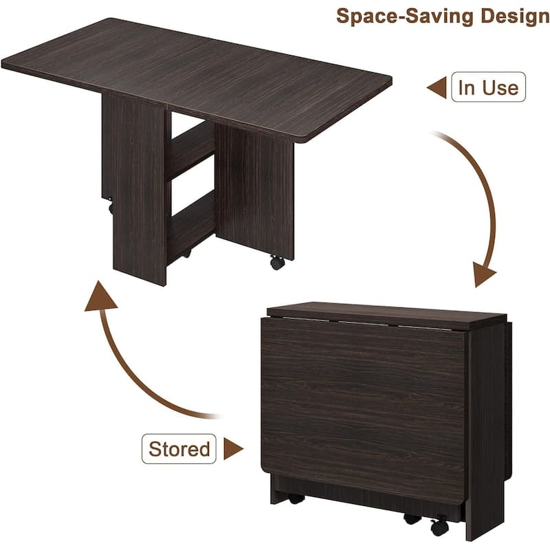 Folding Dining Table, Space Saving Farmhouse Dining Table for 4 Storage Shelf, 6 Wheels Multipose Expandable Kitchen