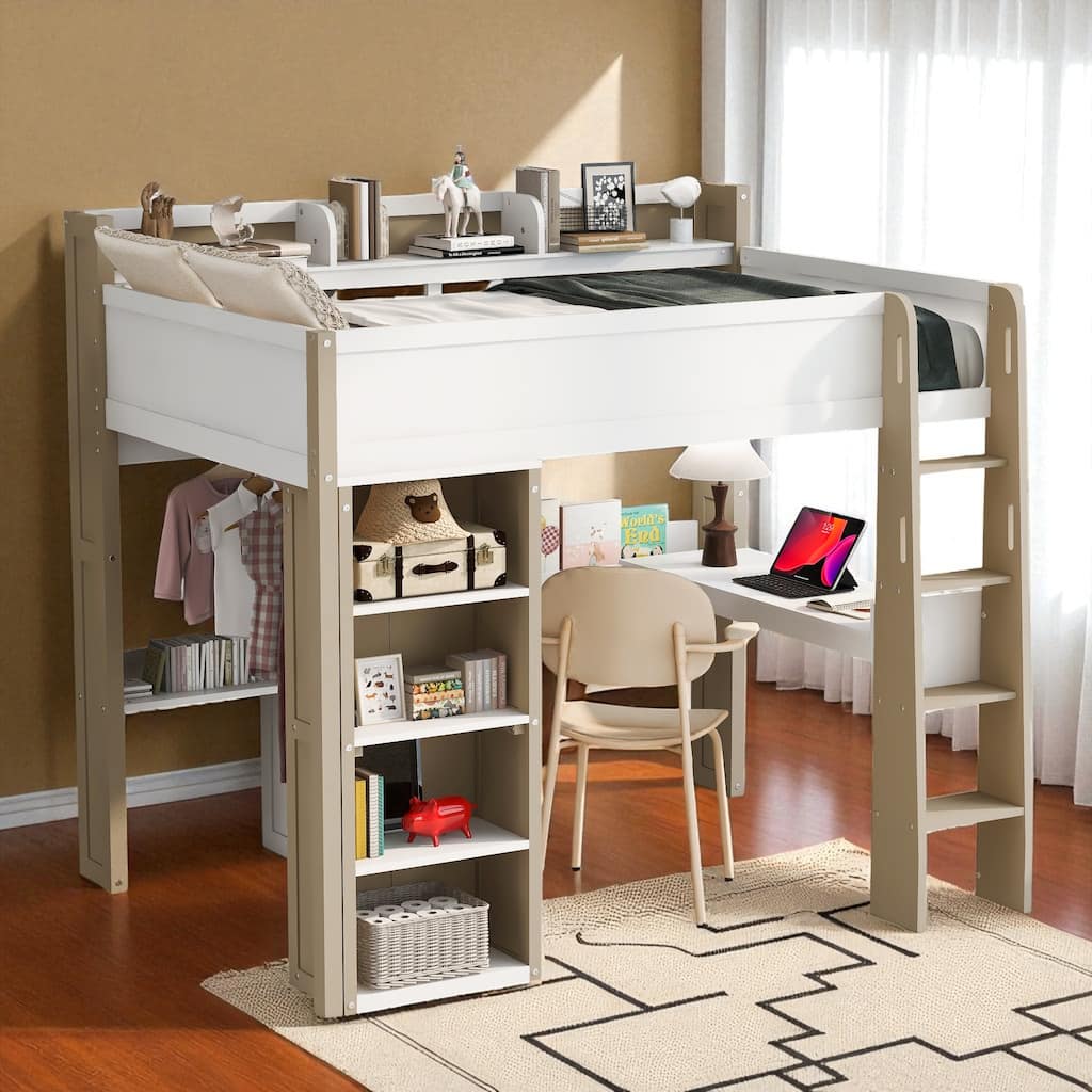 Full Size Wood Loft Bed with Desk, Wardrobe Storage, Shelves & Clothes Rail, 500 lb Bed Capacity, 77.8 x 70.1 x 75.6 in