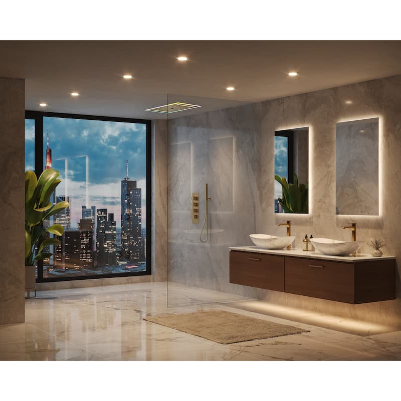 GRANDJOY Thermostatic Triple-Function LED Rain and Waterfall Shower System with Handheld and Built-In Music