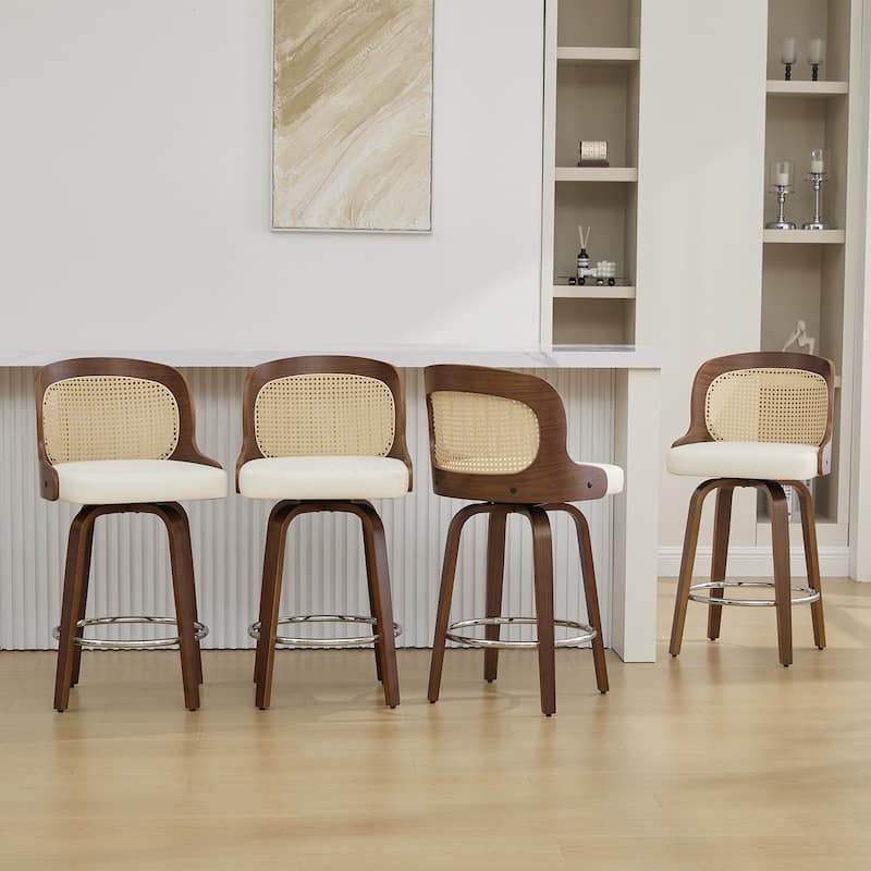 26" Upholstered Swivel Counter & Bar Stool with Rattan Back - 37.4"H x 19.09"W x 19.88"D