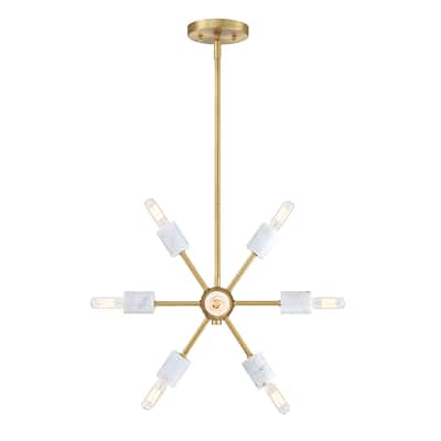 Star Dust 60 Watt 8-Light Brushed Gold Mid-Century Modern Pendant Light with Natural Marble Accents - 13.25