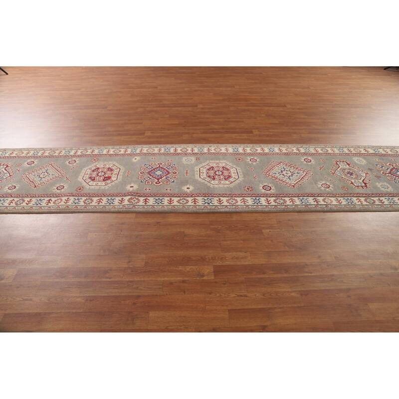 Geometric Grey Kazak Runner Rug Handmade Wool Carpet - 2'10" x 19'7"
