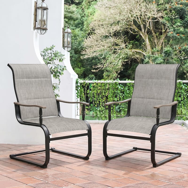 Nuu Garden Outdoor Patio 2-Piece Dining Chairs, Breathable Textilene, Iron Frame - Grayish brown with wood-grain curved armrests