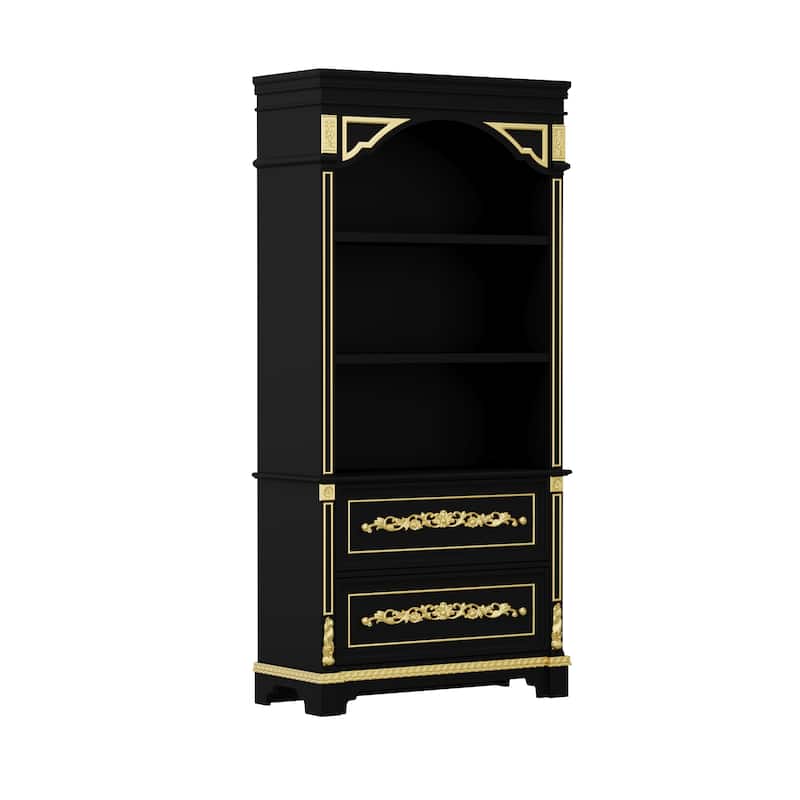 Black & Gold Display Cabinet with Shelves and Drawers, Elegant Glossy Bookcase for Living Room Storage
