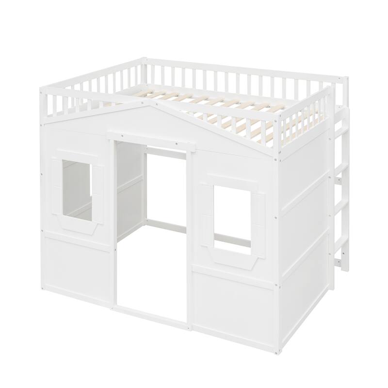 Modern Twin/Full Loft Bed with Ladder, Solid Pine Wood, Safety Guardrails