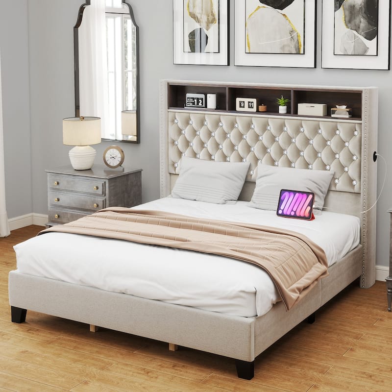 58" Tall Wingback Storage Headboard Bed Frame with USB Charging Stations and Deep Button Tufted