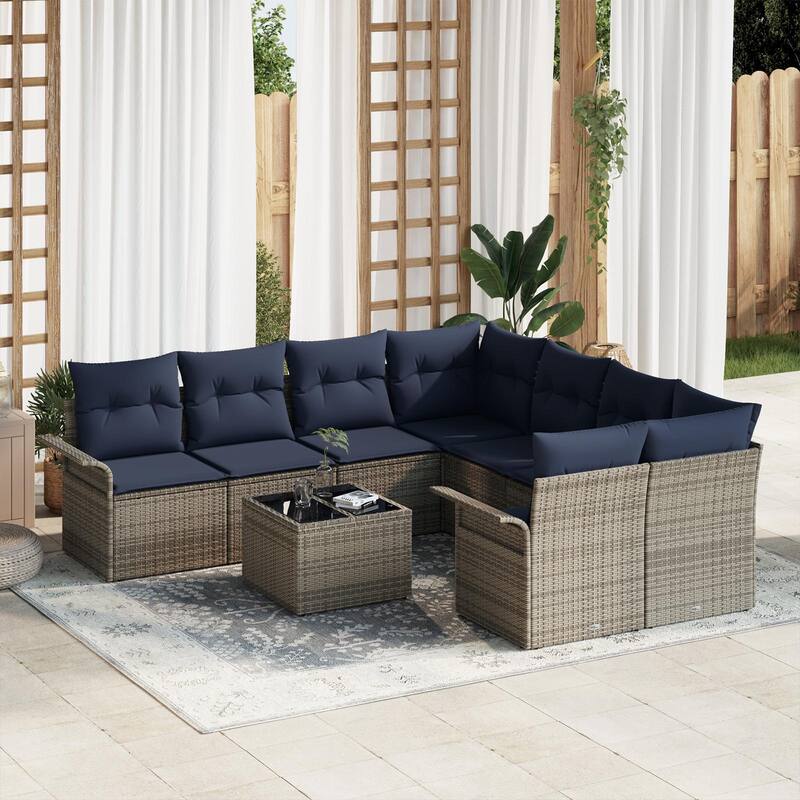 vidaXL 9-Seater Garden Sofa with Cushions Black/Brown/Grey Poly Rattan - 92.1 x 95.9 x 27.2 - Gray