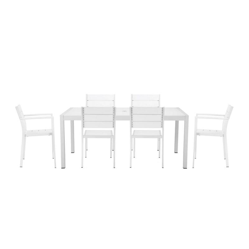 Cora 7 Piece Outdoor Dining Table, Chairs Set, White, Plank Seat and Backs - White - Aluminum