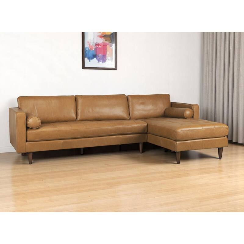 HomeRoots Tan Genuine Leather L Shaped Sofa and Chaise Sectional With Toss Pillows