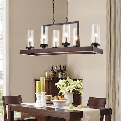 Maxax 6 - Light Kitchen Island Rectangle Chandelier with Wood Accents - MX19031-6-P