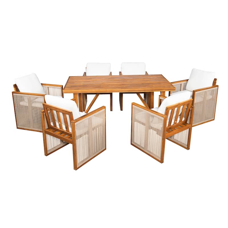 Christopher Knight Home - Modern Outdoor Acacia Wood Dining Set with Cushions and Handwoven Rope Chairs