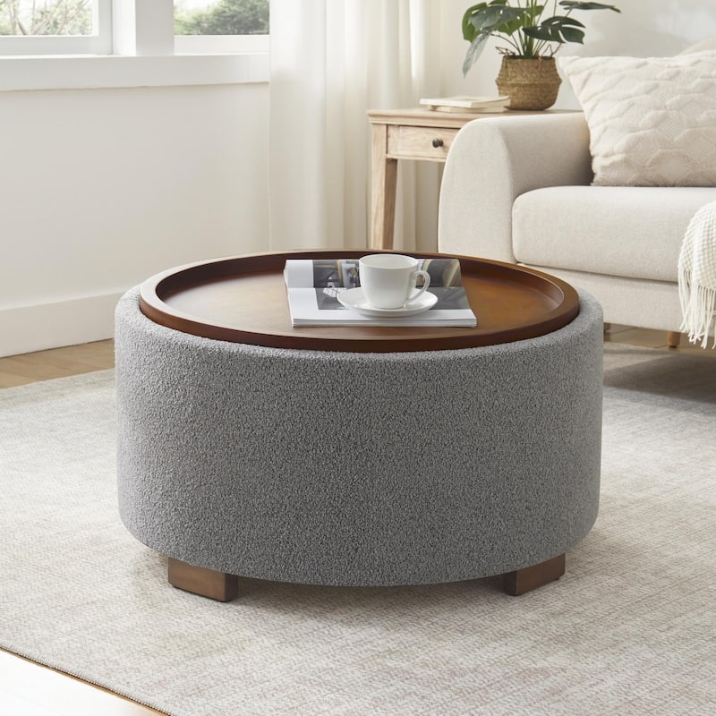 Huimo Modern round wooden tray Ottoman with Storage