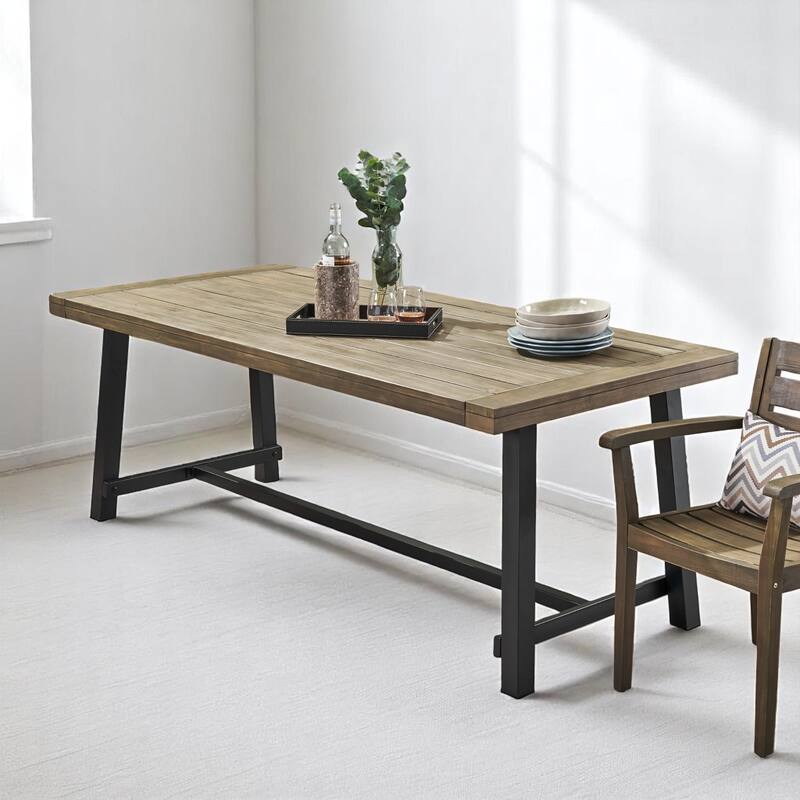 79" Outdoor Dining Table for 8, Industrial Patio Table with Metal Frame, Rectangular Garden Table for Backyard, Deck, or Porch - Grey+Black