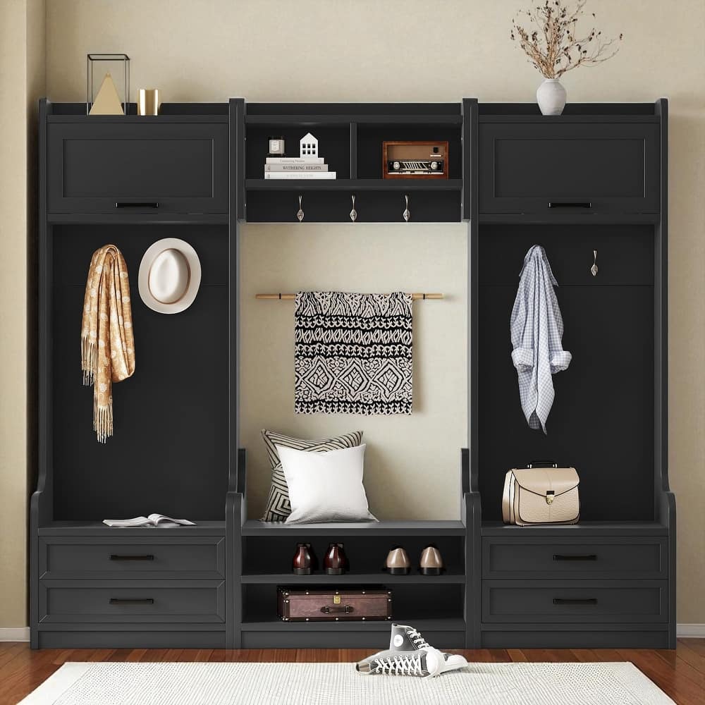 Detachable 4-in-1 Hall Tree with Bench, 7 Hooks, Drawers & Cabinets, Modular Entryway Coat Rack and Shoe Storage, 78" Wide