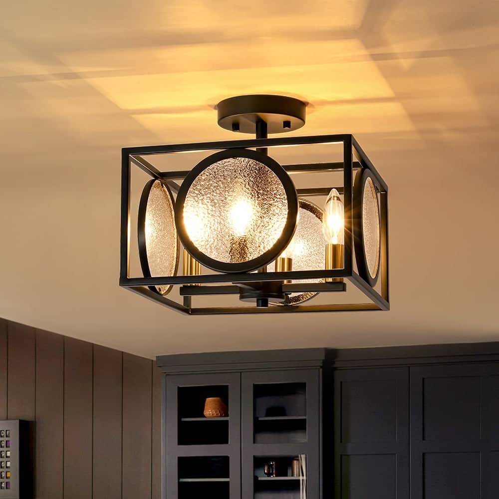 4-Light Textured Glass Candle Square Lantern Ceiling Light 11.8in