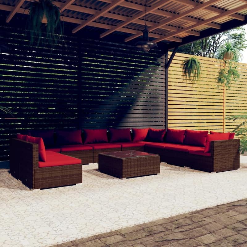 vidaXL Patio Lounge Set Outdoor Sectional Sofa Set Table Garden Poly Rattan - 27.6" x 27.6" x 23.8" - Brown/Cinnamon red 10 x Seat cushion