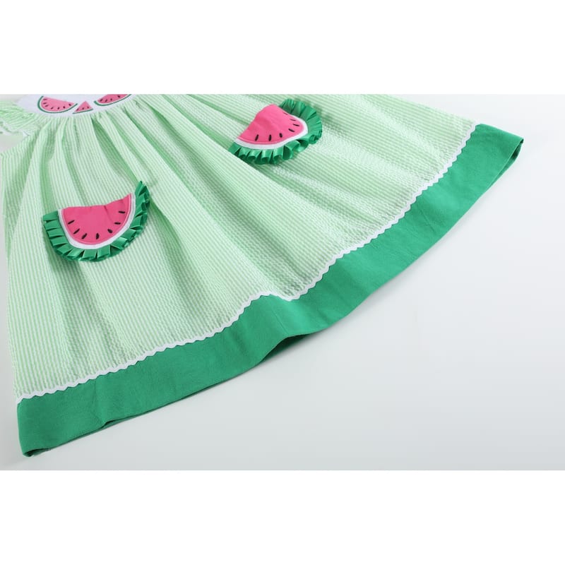 Lil Cactus Green Seersucker Watermelon Smocked Bishop Dress