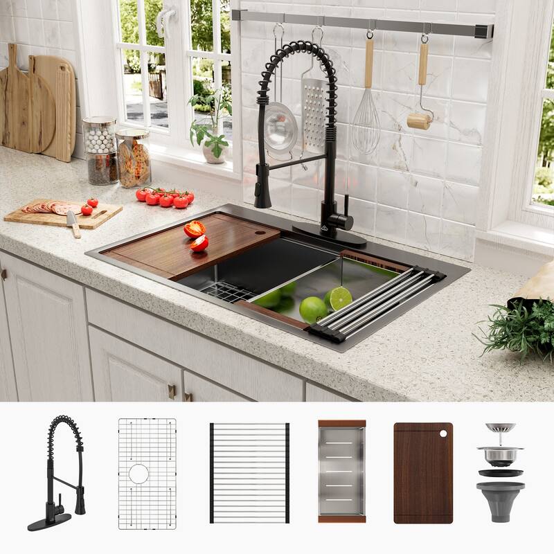 Drop-In Nano PVD Gunmetal Black Stainless Steel Workstation Kitchen Sink with Two-Function Kitchen Faucet and Accessories