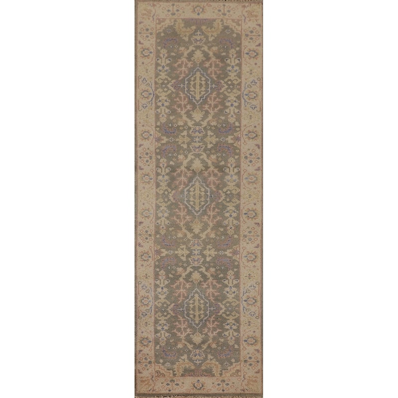 Earth Tone Transitional Oushak Runner Rug Handmade Wool Carpet - 2'7"x 10'0"