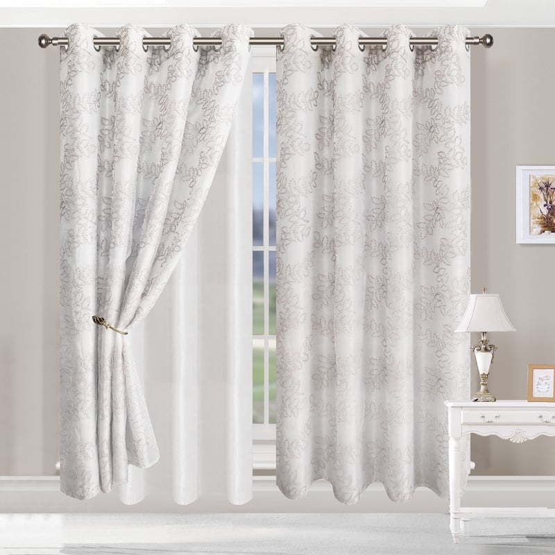Superior Foliage Vintage Rustic Leaves Sheer Curtain Set with 2 Panels - 52" X 84" - Grey