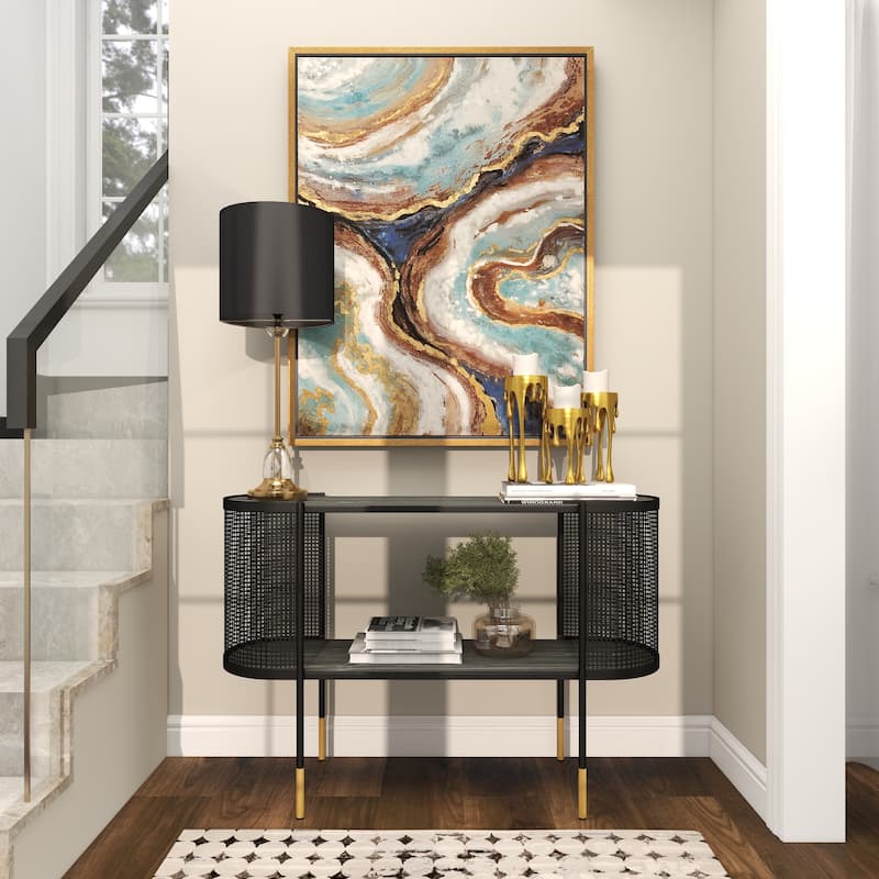 Black Metal Mesh Side Panel 1 Shelf Console Table with Open Center Storage