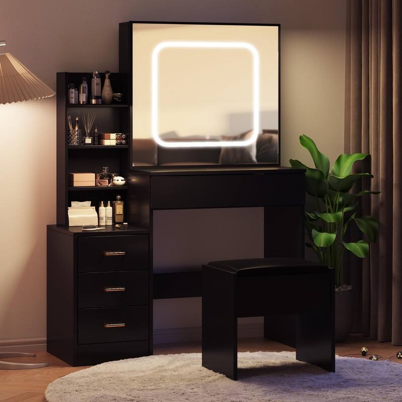 Vanity Desk with Sliding Mirror, Charging Station, 4 Drawers, Shelves, Stool