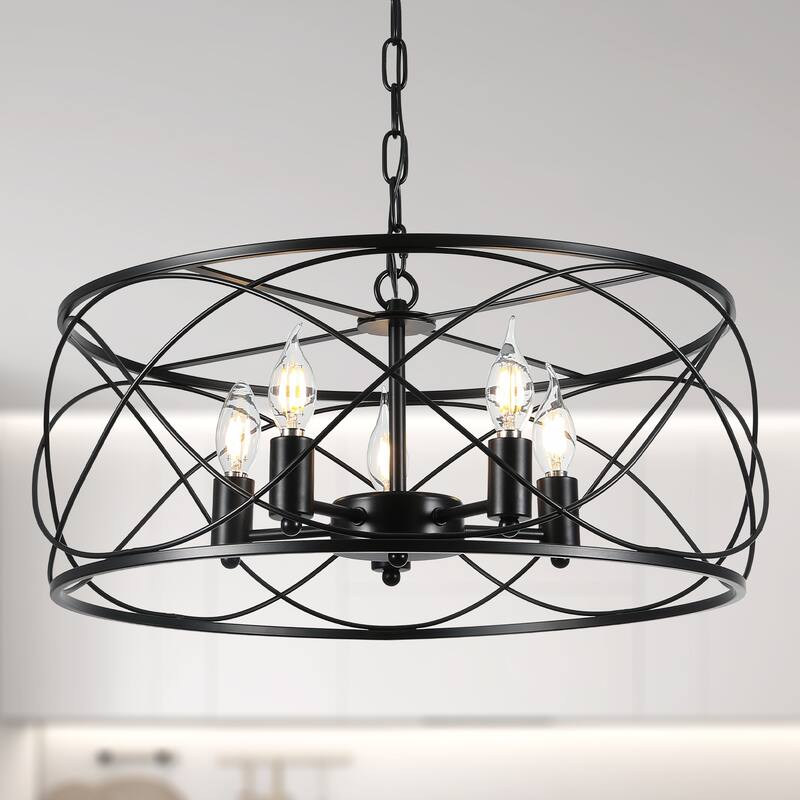 CurveCurio 20" Modern Industrial Caged Light, Contemporary Chandelier w 5 Lights, Adjustable Hanging Chain for Dinging Area - Matte Black