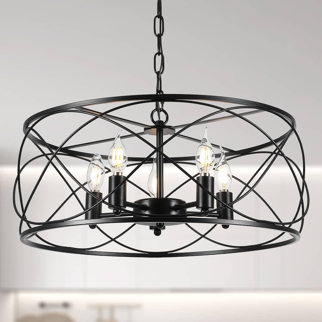 CurveCurio 20" Modern Industrial Caged Light, Contemporary Chandelier w 5 Lights, Adjustable Hanging Chain for Dinging Area