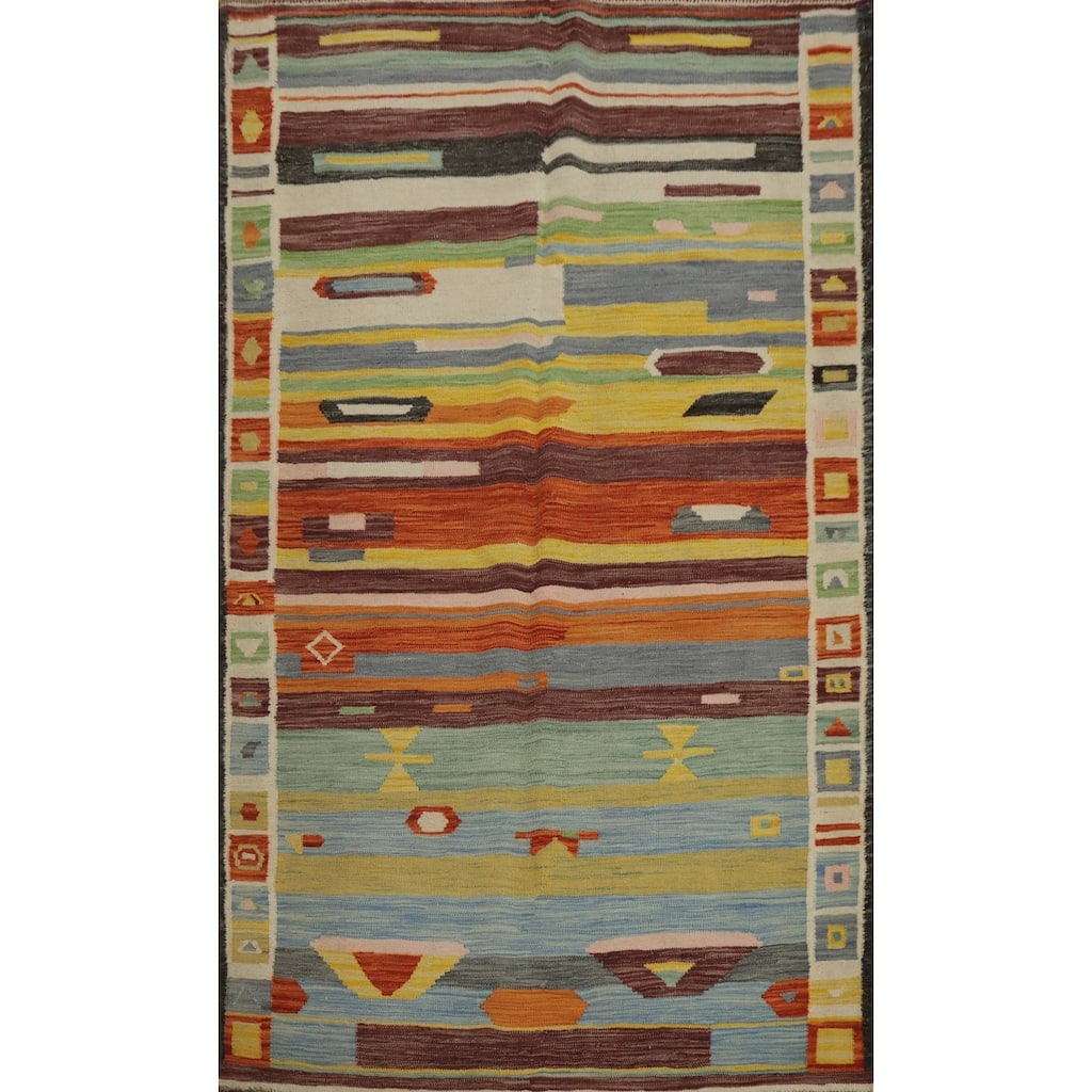 Hand Woven Oriental 100% Wool Carpet Southwestern Tribal Multi-Colored Kilim Area Rug - 6' 1'' X 4' 3''