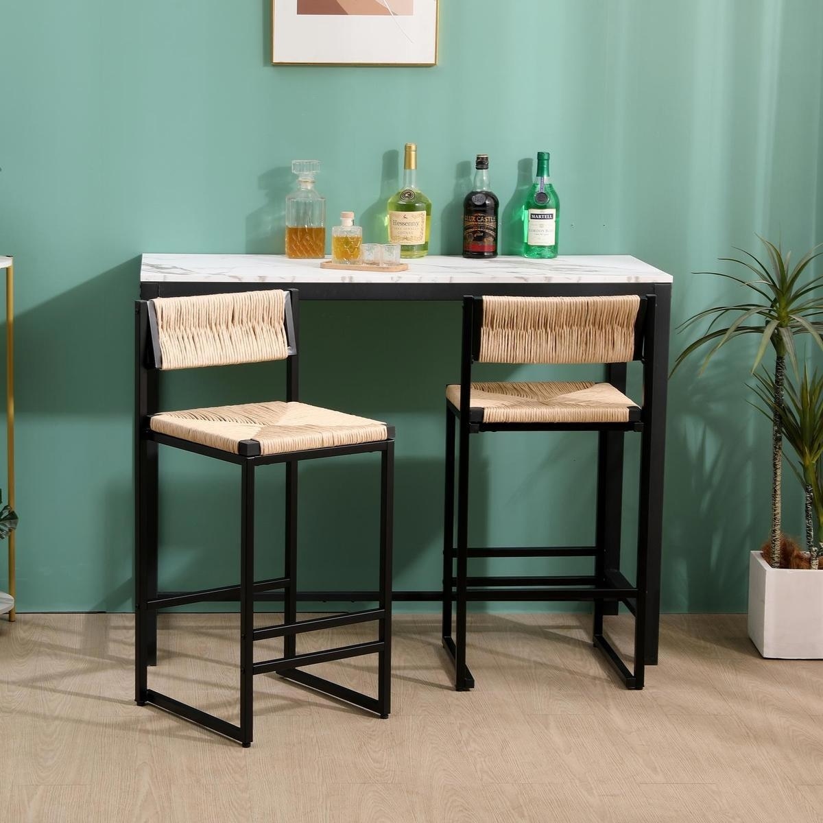 Set of 2 Paper Rope Barstools, Back Support, Kitchen Island Counter