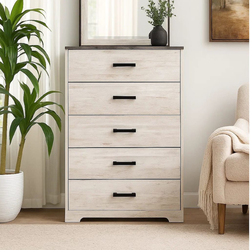 Wisp 46 Inch Tall Dresser Chest, 5 Drawers, Rustic Smooth White Finish