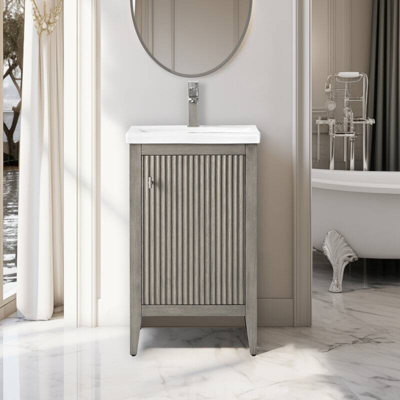 Vanity Art 20" Single Sink Bathroom Vanity Cabinet with Ceramic Top - 20"/Brushed Nickel Handle - Linear Driftwood Gray