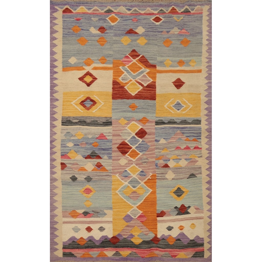 Hand Woven Oriental 100% Wool Carpet Southwestern Tribal Multi-Colored Kilim Area Rug - 4' 11'' X 3' 1''