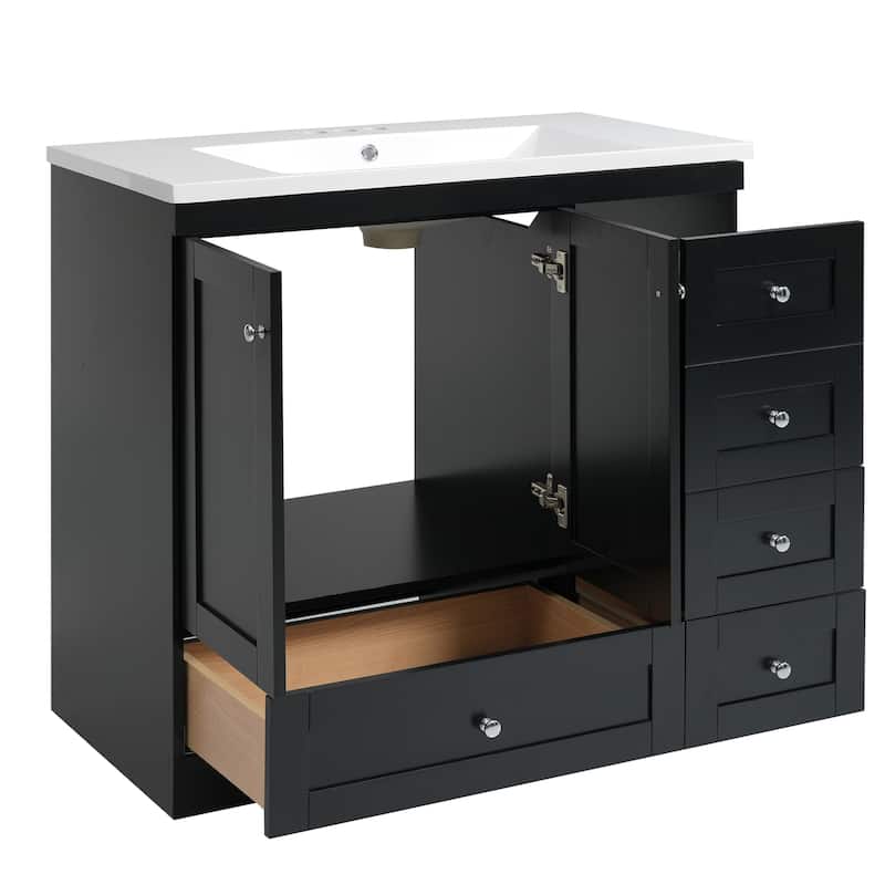 GDFStudio - Vega Wood & Ceramic 36" Shaker Style Bathroom Vanity with Sink, 4 Drawers & 2 Doors