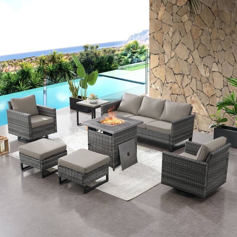 Outdoor 3-Seat Sofa Swivel Chair with Fire Pit Table - Grey - Grey