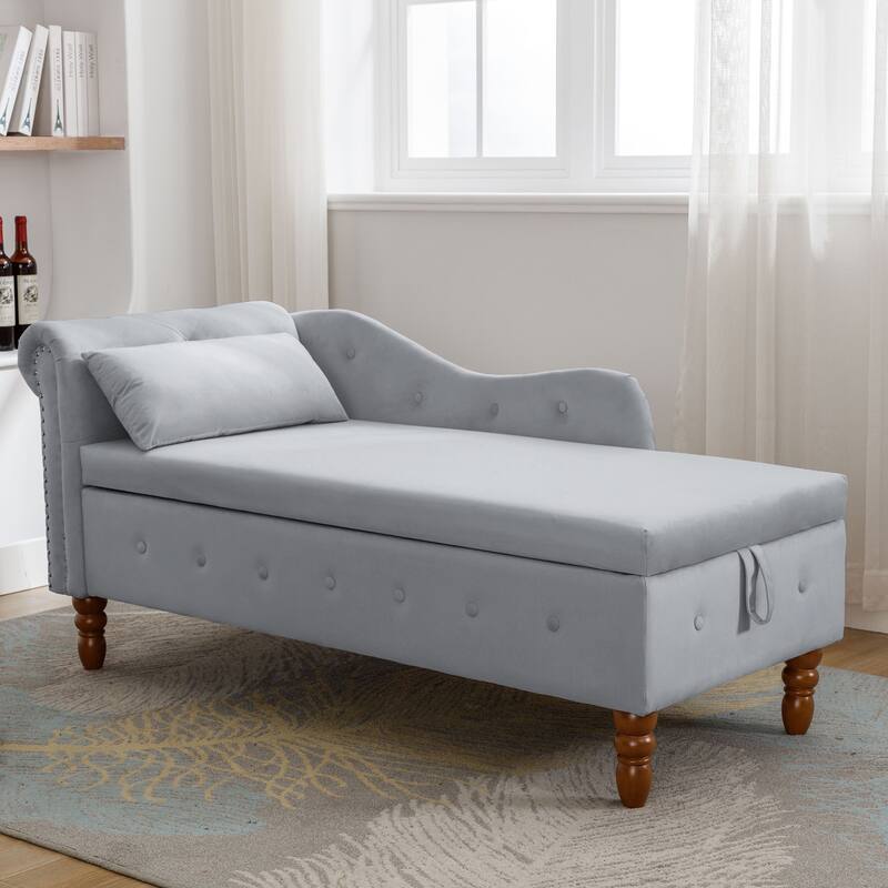 Chaise Lounge Indoor,Lounge Chair with Storage & Pillow,Upholstered Rolled Arm Chase Lounge for Sleeping with Nailhead Trim