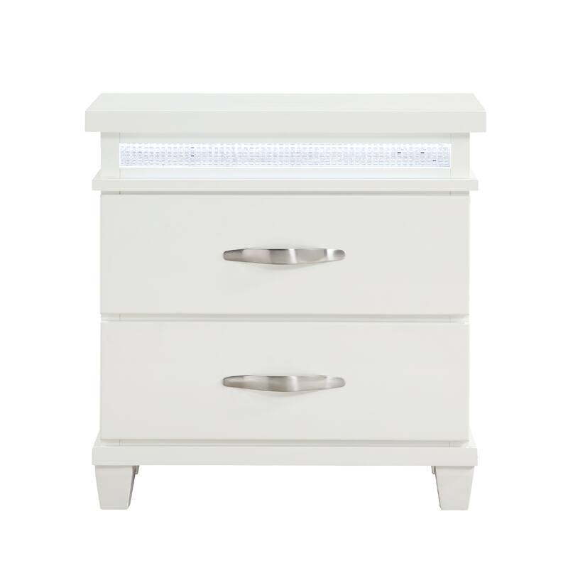 Jisy Nightstand, 2 Drawers, LED Lights, White Wood, Chrome Handles