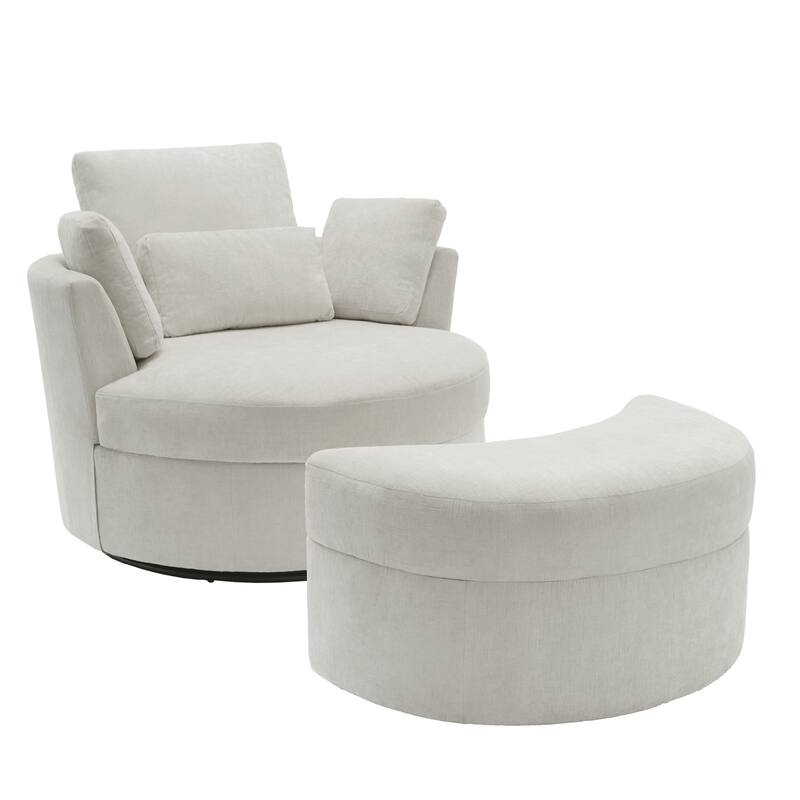 Oversized Upholstered Swivel Barrel Chairs with Storage Ottoman