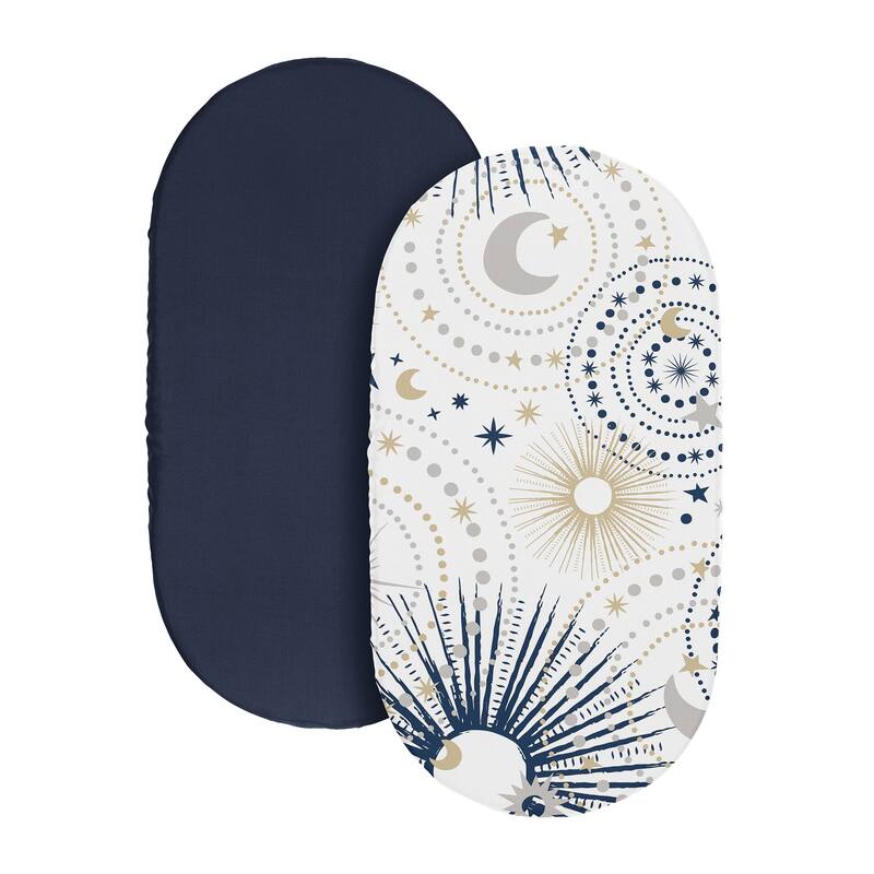 Sweet Jojo Designs Star & Moon Boy, Girl, Unisex/Gender Neutral 2 Pack Baby Bassinet Fitted Sheets -Solid Blue & Celestial Stars