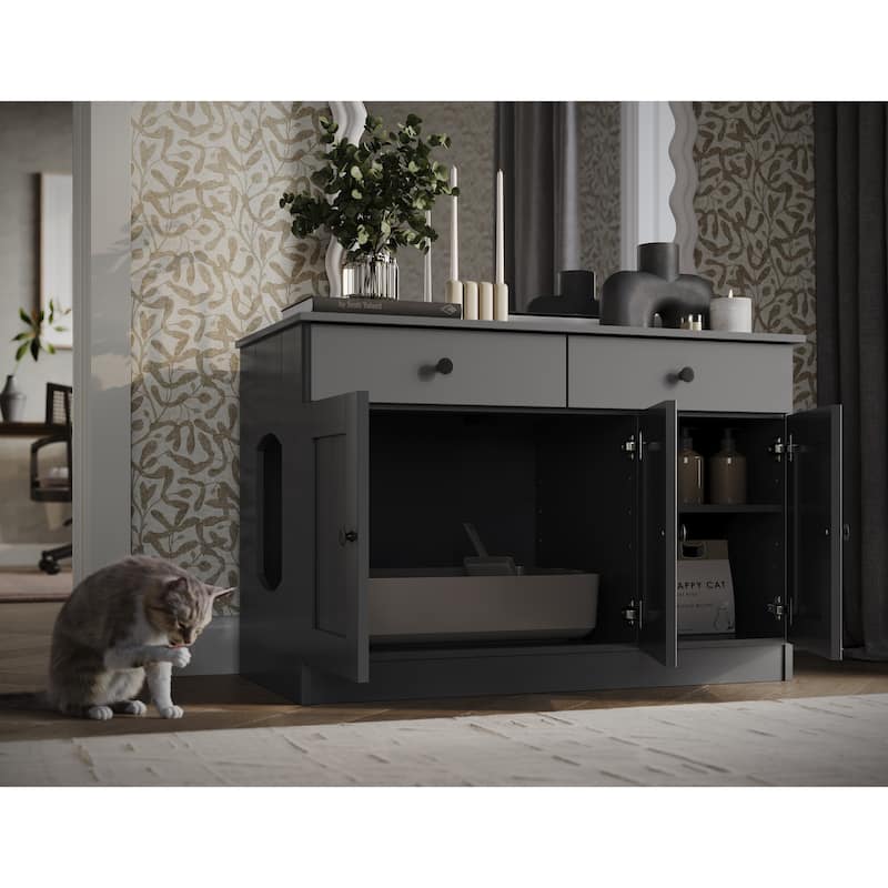 Palace Imports 100% Solid Wood Ziva 3-Door Cat Litter Box Enclosure with 2-Drawers