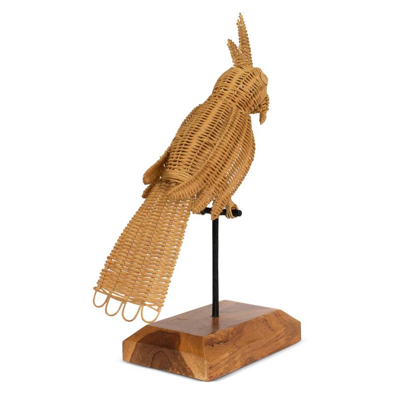 Rattan Cockatoo Parrot Sculpture - Hand Woven Tropical Decor, Boho Bird Accent on Wood Stand - 17" tall x 10" wide x 5" deep