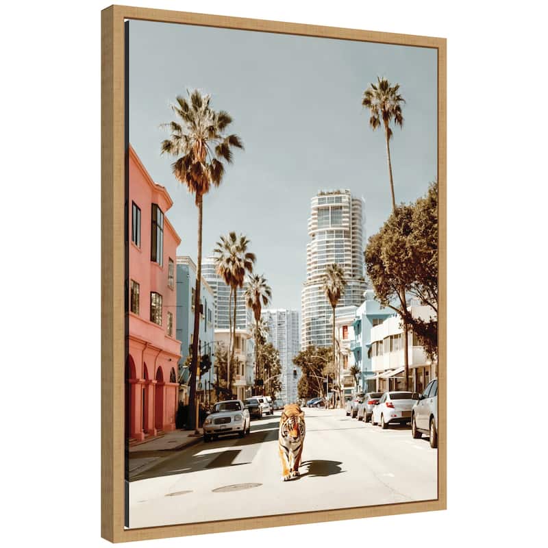 Kate and Laurel Sylvie California Tiger Roaming through Palm Springs Framed Canvas by Michael Schauer - 18x24 - Brown