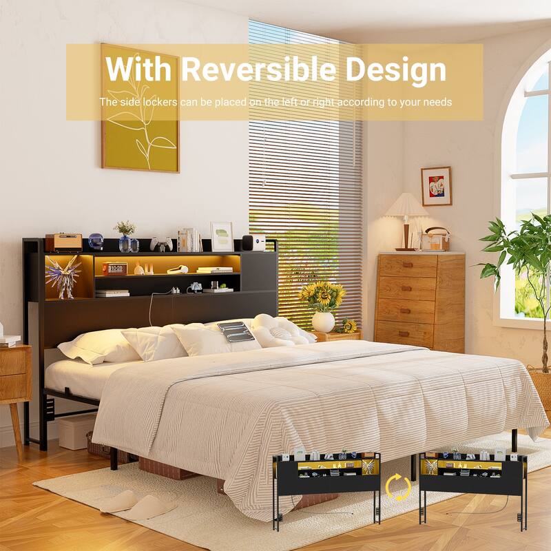 Storage Headboards with Power Outlet and LED Light, Head board with Storage Shelves for Bed Frame