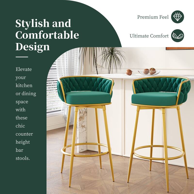 Velvet Swivel Bar Height Stools Set of 2, Counter Stools Dining Chairs with Hand-Woven Backrest & Footrest