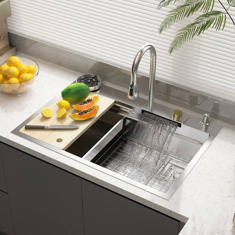 32.2"W Apron Single Bowl Workstation Kitchen Sink 304 Stainless Steel