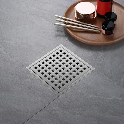 PROOX 6 inch Square Shower Floor Drain with Flange Removeable Grid Panel - 6 in.